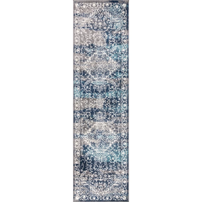 Modern  Vintage Medallion Navy /Light Grey 2 ft. x 8 ft. Runner Rug