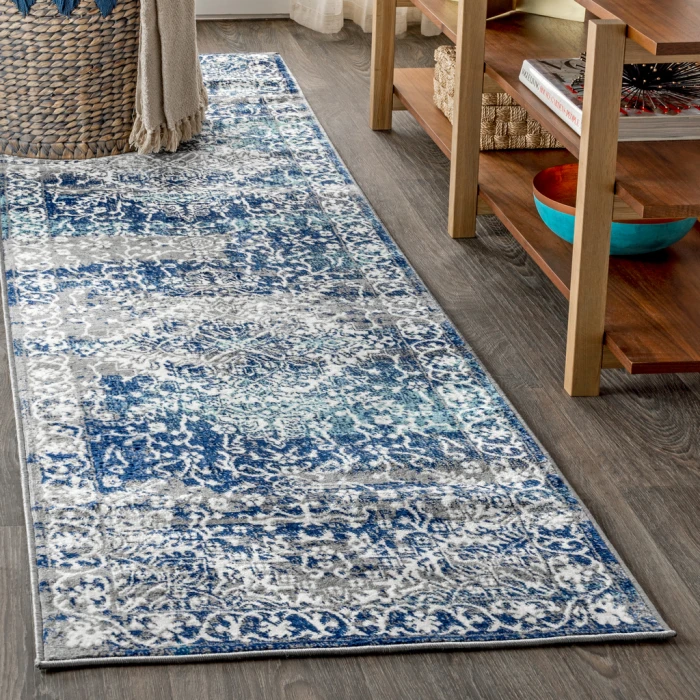 Modern  Vintage Medallion Navy /Light Grey 2 ft. x 8 ft. Runner Rug