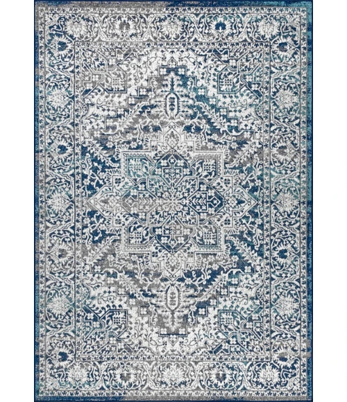Modern  Vintage Medallion Navy /Light Grey 8 ft. x 10 ft. Area Rug