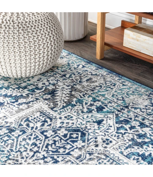 Modern  Vintage Medallion Navy /Light Grey 6' Round Area Rug