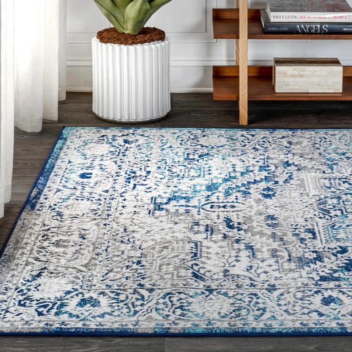 Modern  Vintage Medallion Navy /Light Grey 5 ft. x 8 ft. Area Rug