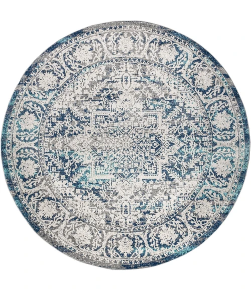 Modern  Vintage Medallion Navy /Light Grey 6' Round Area Rug