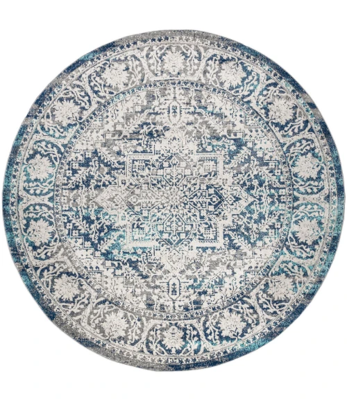Modern  Vintage Medallion Navy /Light Grey 6' Round Area Rug