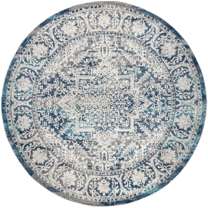 Modern  Vintage Medallion Navy /Light Grey 6' Round Area Rug