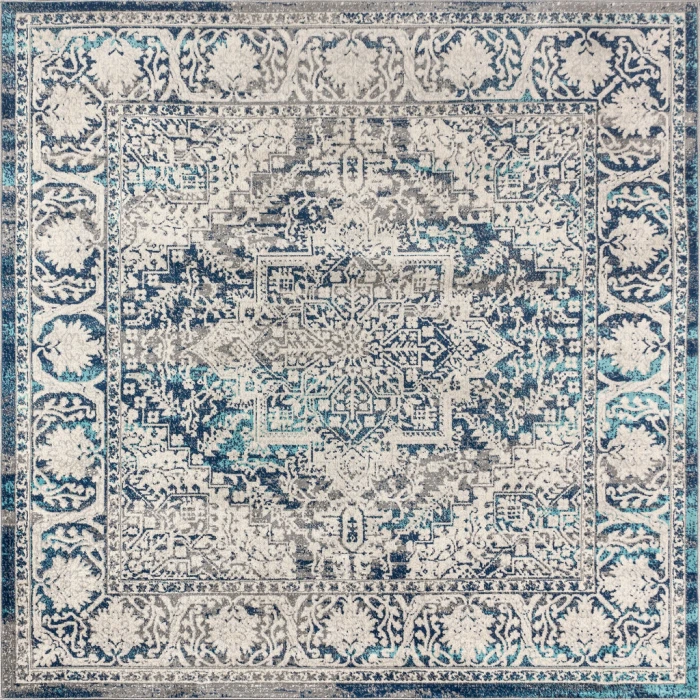 Modern  Vintage Medallion Navy /Light Grey 6' Square Area Rug