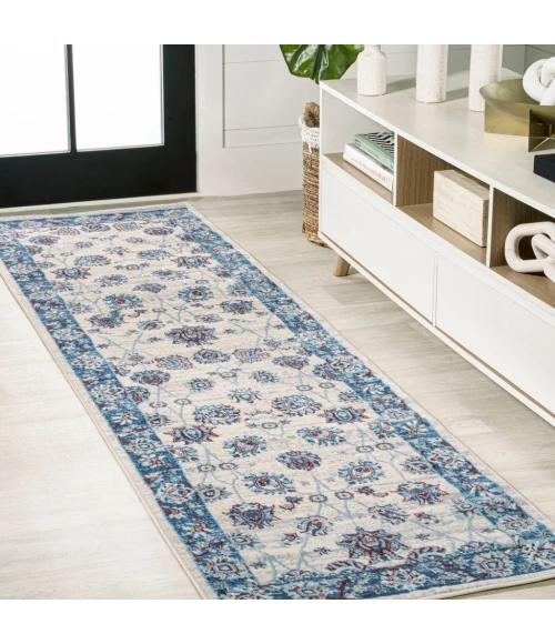Modern  Vintage Moroccan Traditional Blue/Ivory/Red 2 ft. x 10 ft. Runner Rug