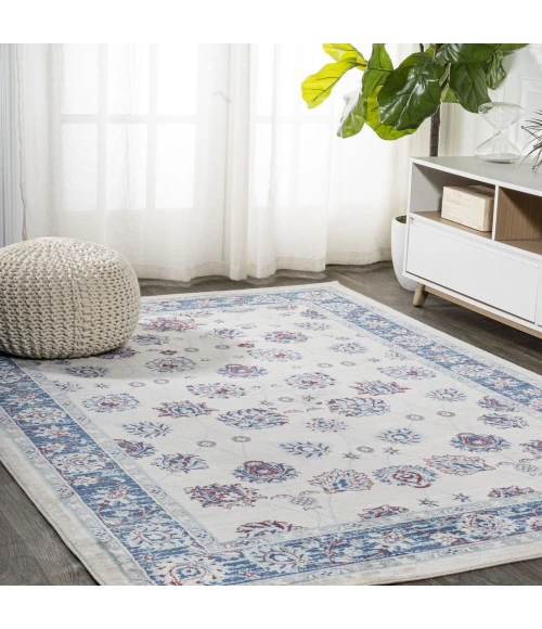 Modern  Vintage Moroccan Traditional Blue/Ivory/Red 5 ft. x 8 ft. Area Rug