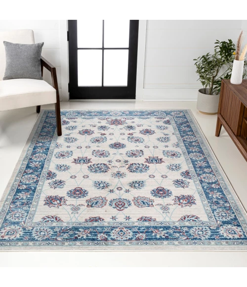 Modern  Vintage Moroccan Traditional Blue/Ivory/Red 5 ft. x 8 ft. Area Rug
