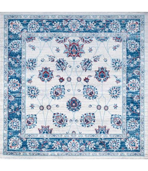 Modern  Vintage Moroccan Traditional Blue/Ivory/Red 5' Square Area Rug