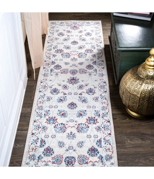 Modern  Vintage Moroccan Traditional Ivory/Blue/Red 2 ft. x 8 ft. Runner Rug