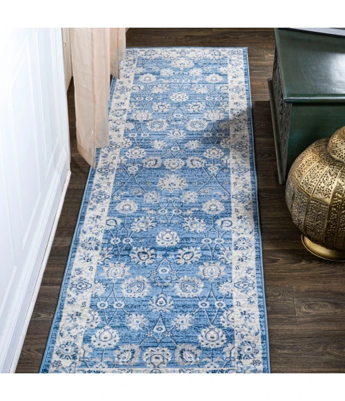 Modern  Vintage Moroccan Traditional Blue/Ivory 2 ft. x 8 ft. Runner Rug