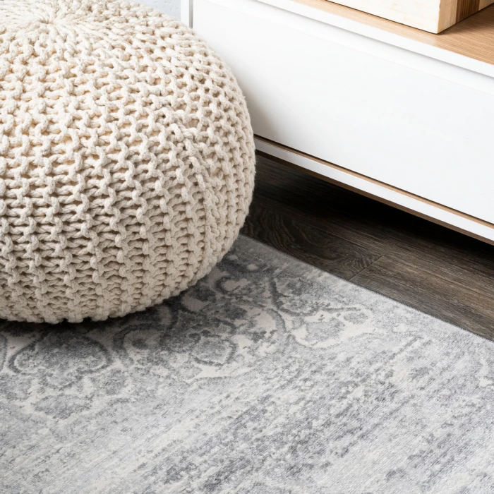 Modern  Vintage Moroccan Medallion Light Gray 5' Round Area Rug
