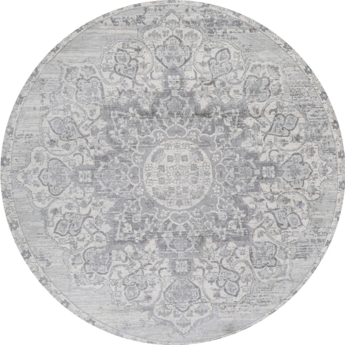 Modern  Vintage Moroccan Medallion Light Gray 5' Round Area Rug