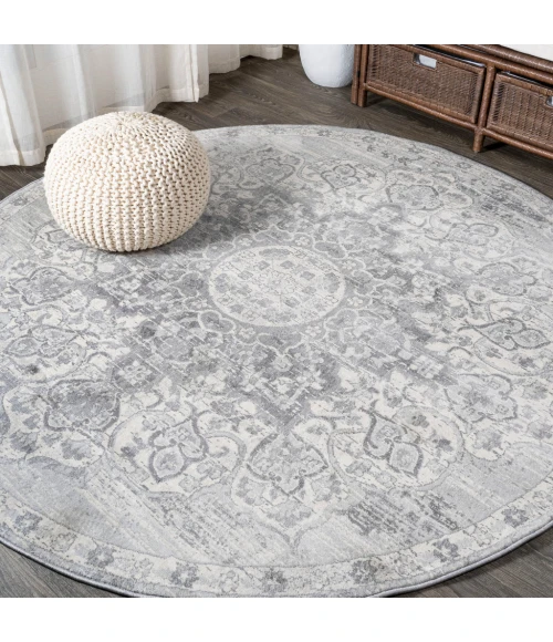 Modern  Vintage Moroccan Medallion Light Gray 6' Round Area Rug