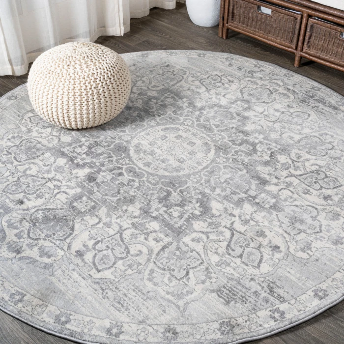Modern  Vintage Moroccan Medallion Light Gray 5' Round Area Rug