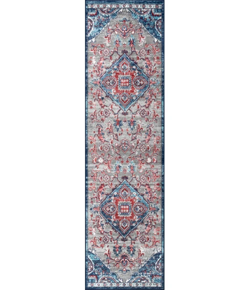 Modern  Vintage Medallion Red/Navy 2 ft. x 8 ft. Runner Rug