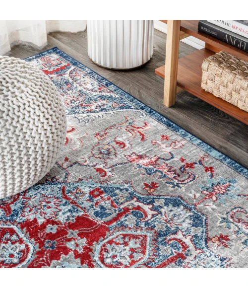 Modern  Vintage Medallion Red/Navy 2 ft. x 8 ft. Runner Rug