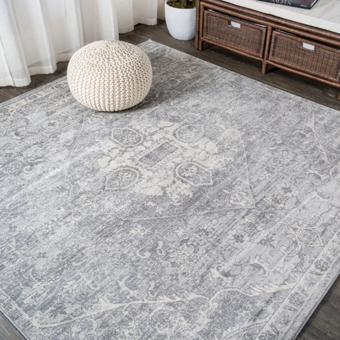 Modern  Vintage Medallion Gray 5' Square Area Rug