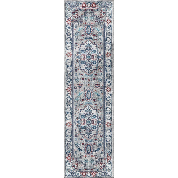 Modern  Vintage Medallion Light Grey/Blue 2 ft. x 8 ft. Runner Rug