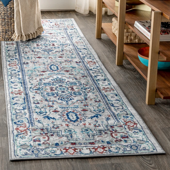 Modern  Vintage Medallion Light Grey/Blue 2 ft. x 8 ft. Runner Rug