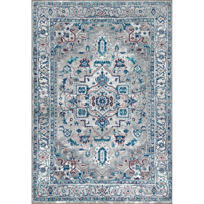 Modern  Vintage Medallion Light Grey/Blue 4 ft. x 6 ft. Area Rug