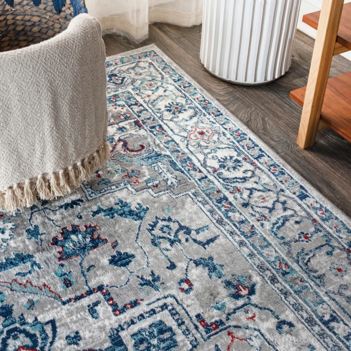 Modern  Vintage Medallion Light Gray/Blue 6' Square Area Rug