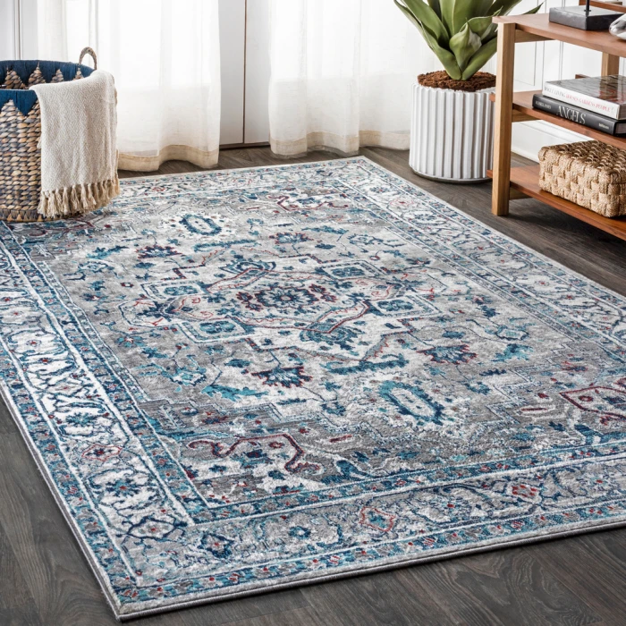 Modern  Vintage Medallion Light Grey/Blue 4 ft. x 6 ft. Area Rug