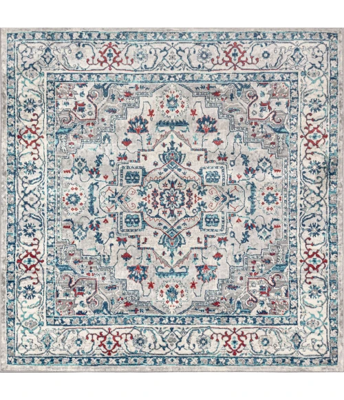 Modern  Vintage Medallion Light Gray/Blue 5' Square Area Rug