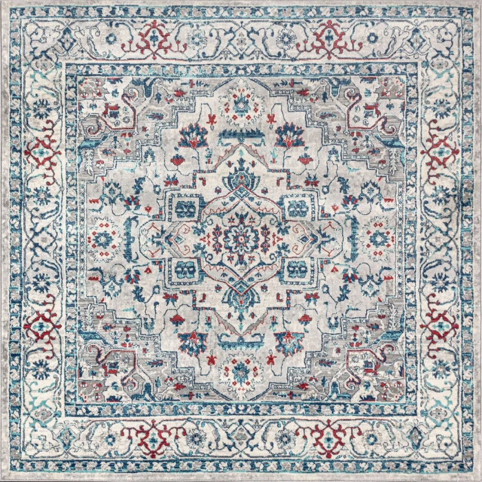 Modern  Vintage Medallion Light Gray/Blue 6' Square Area Rug