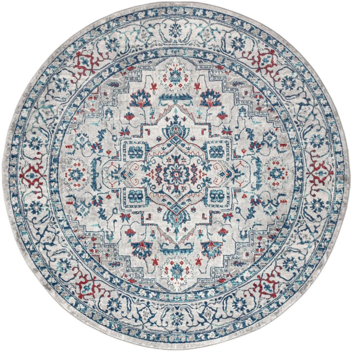 Modern  Vintage Medallion Light Gray/Blue 6' Round Area Rug
