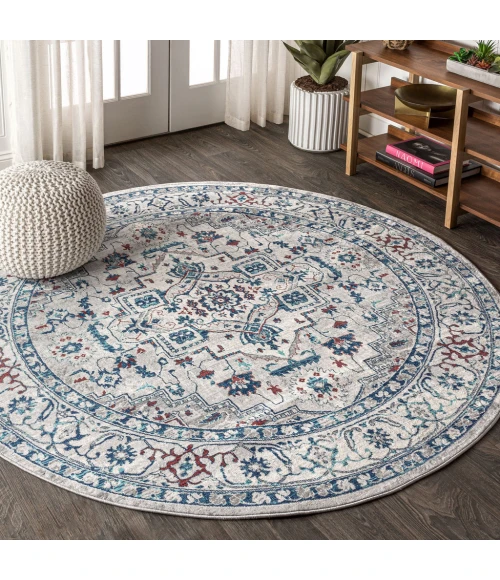 Modern  Vintage Medallion Light Gray/Blue 6' Round Area Rug