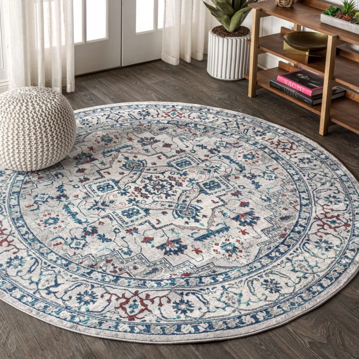 Modern  Vintage Medallion Light Gray/Blue 6' Round Area Rug