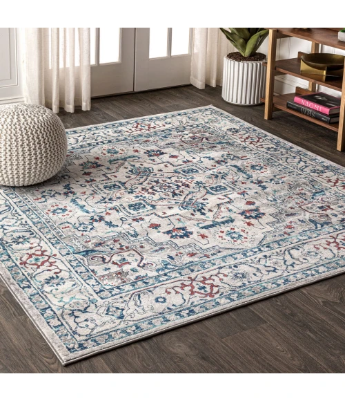 Modern  Vintage Medallion Light Gray/Blue 6' Square Area Rug