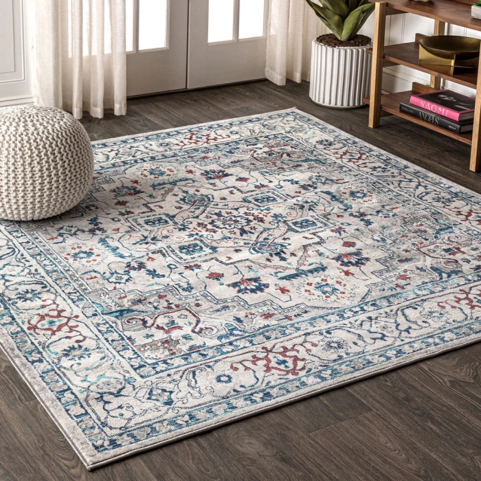 Modern  Vintage Medallion Light Gray/Blue 6' Square Area Rug