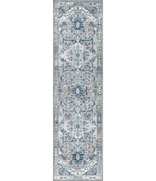 Modern  Vintage Medallion Grey/Blue 2 ft. x 8 ft. Runner Rug