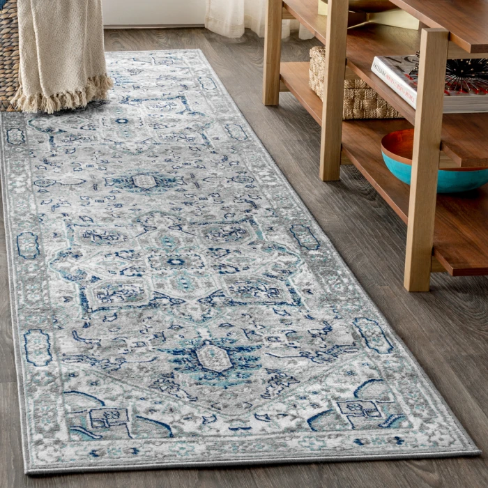 Modern  Vintage Medallion Grey/Blue 2 ft. x 8 ft. Runner Rug