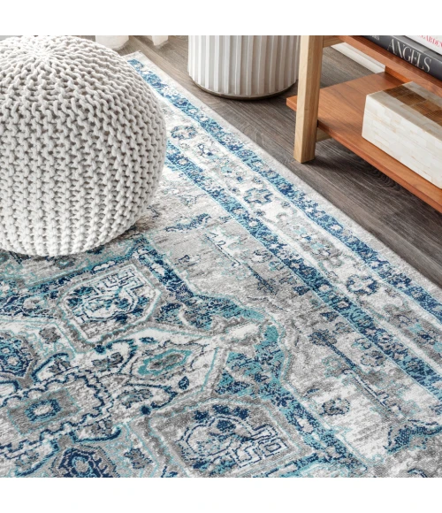 Modern  Vintage Medallion Light Grey/Blue 5' Square Area Rug