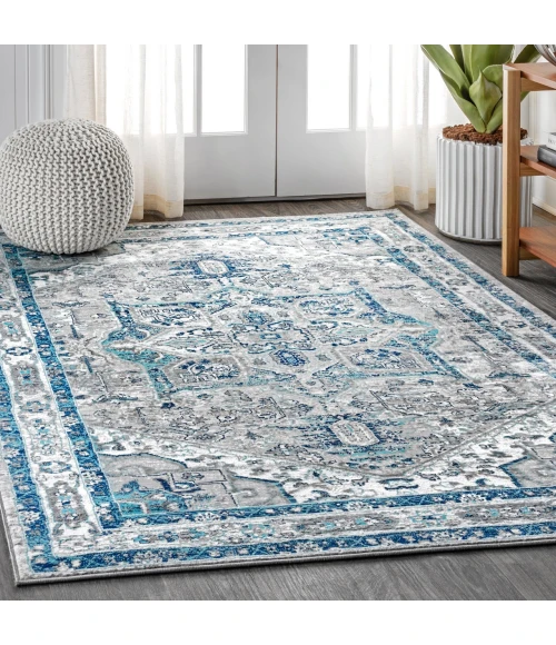 Modern  Vintage Medallion Grey/Blue 3 ft. x 5 ft. Area Rug