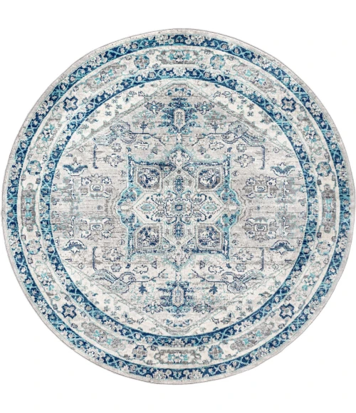 Modern  Vintage Medallion Light Grey/Blue 6' Round Area Rug