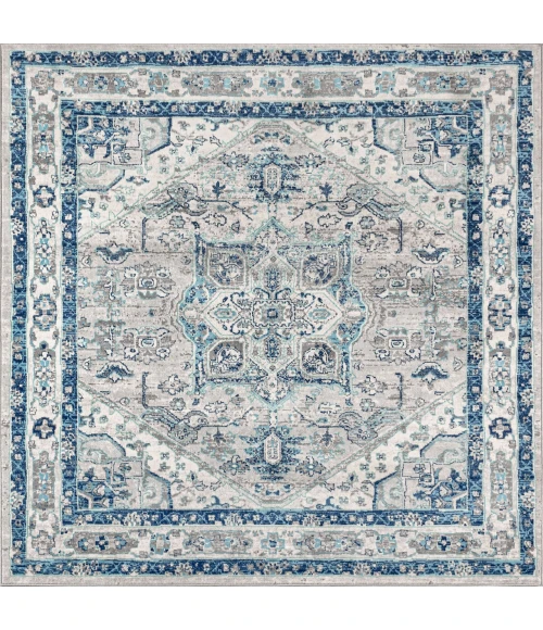 Modern  Vintage Medallion Light Grey/Blue 5' Square Area Rug
