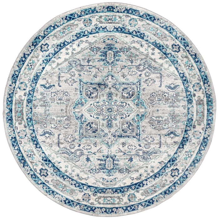 Modern  Vintage Medallion Light Grey/Blue 6' Round Area Rug