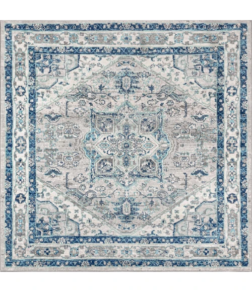 Modern  Vintage Medallion Light Grey/Blue 6' Square Area Rug