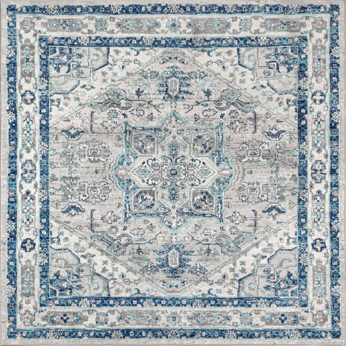 Modern  Vintage Medallion Light Grey/Blue 6' Square Area Rug
