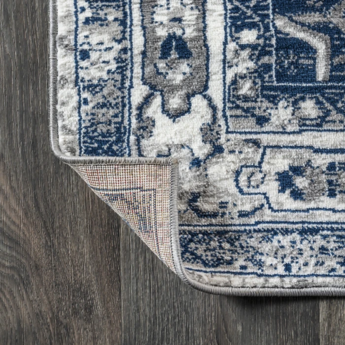 Modern  Vintage Medallion Light Grey/Navy 6' Square Area Rug