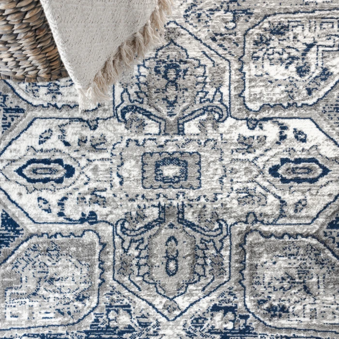 Modern  Vintage Medallion Light Grey/Navy 6' Square Area Rug