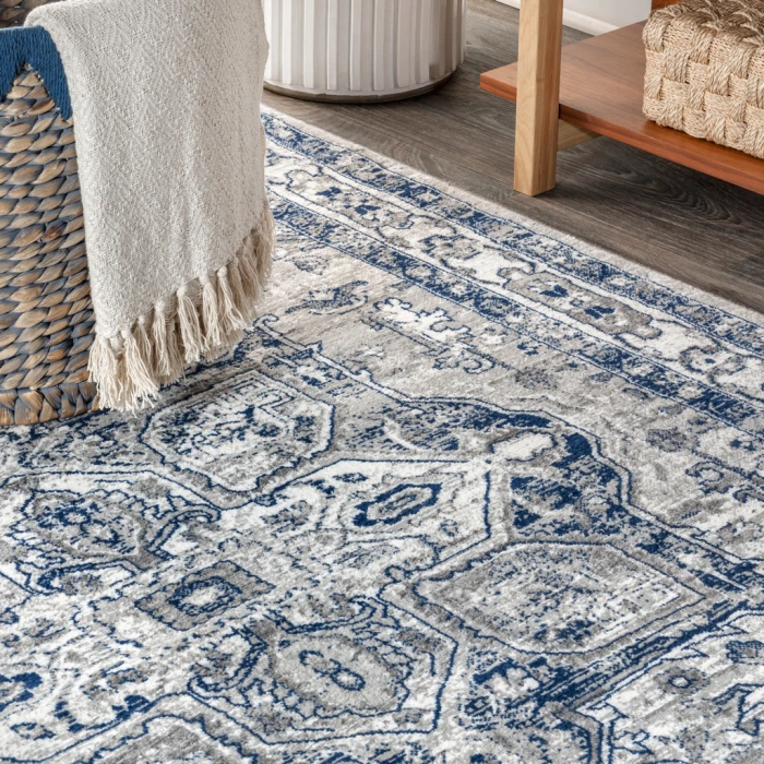Modern  Vintage Medallion Light Grey/Navy 6' Square Area Rug
