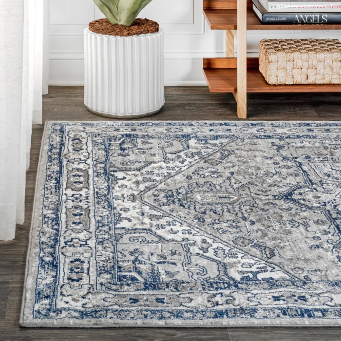 Modern  Vintage Medallion Light Grey/Navy 5 ft. x 8 ft. Area Rug