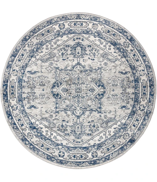 Modern  Vintage Medallion Light Grey/Navy 5' Round Area Rug