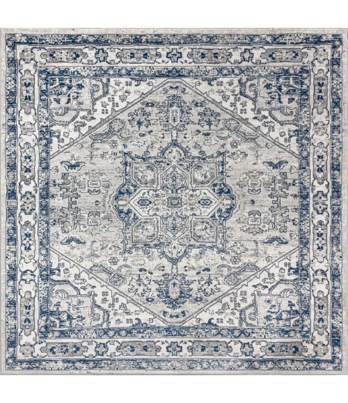 Modern  Vintage Medallion Light Grey/Navy 6' Square Area Rug