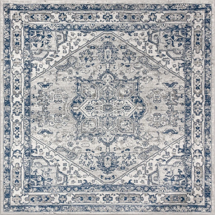 Modern  Vintage Medallion Light Grey/Navy 6' Square Area Rug